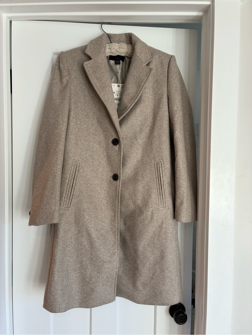 NWT Zara wool look camel brown trench coat collared button Fall soft medium